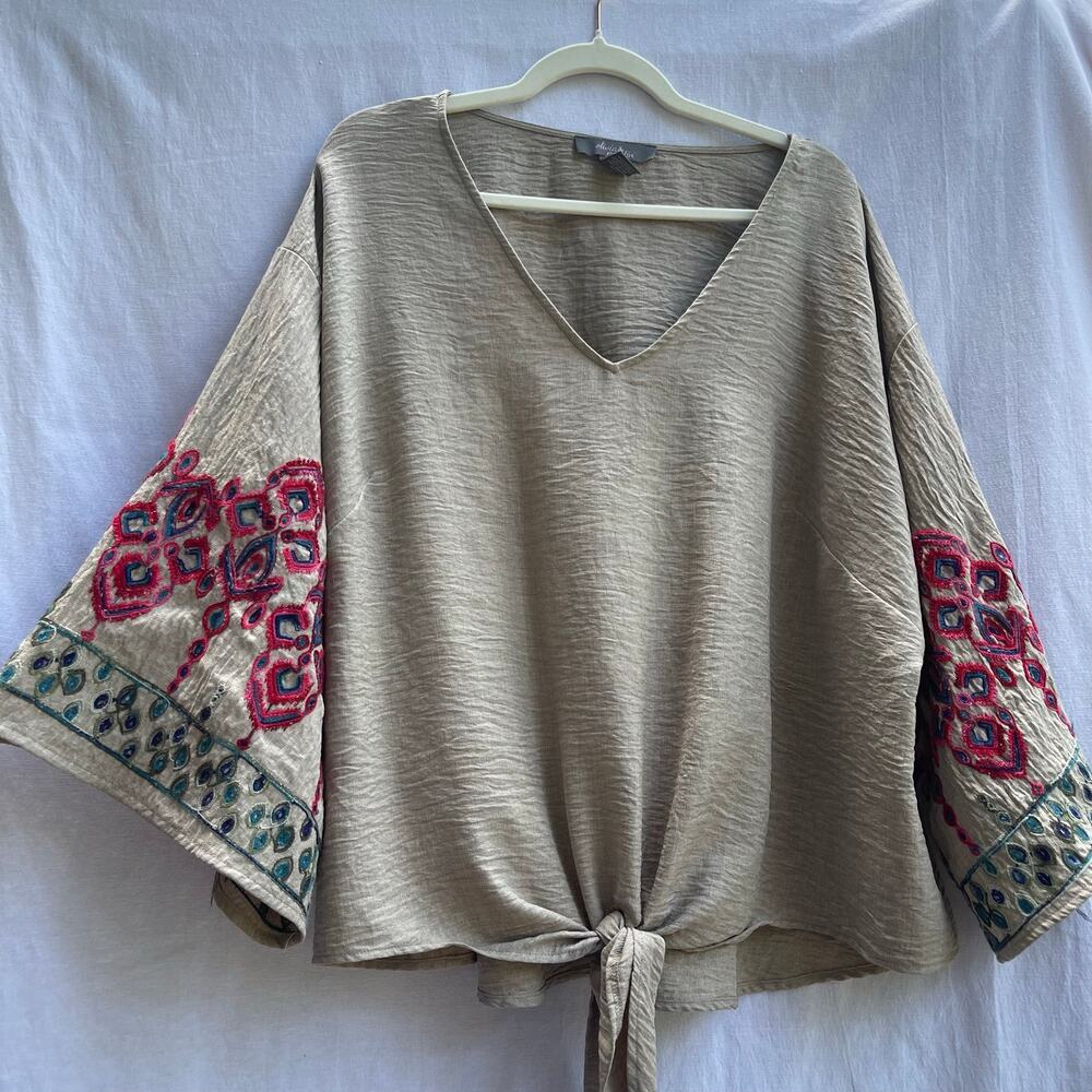 Olivia & Martin 3X Embroidered Boho Bell Sleeve Tie Front Blouse